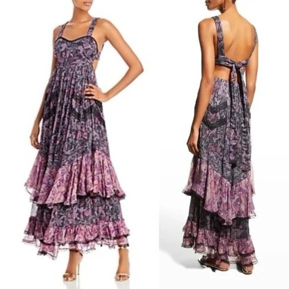NWT Rococo‎ Sand Purple & Black Metallic Paisley Tiered Maxi Dress Sz XL